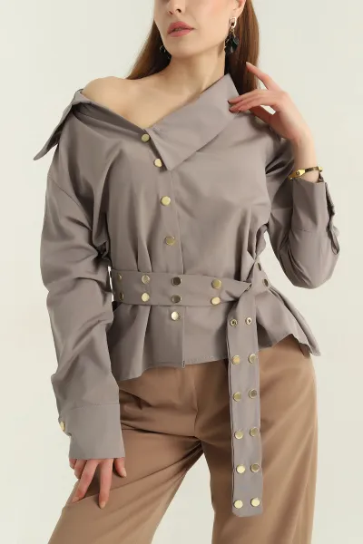 Vizon Çıtçıtlı Kayık Yaka Kadın Poplin Gömlek 349085