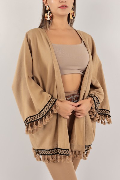 Vizon Dantelli Keten Kimono Hırka 124769