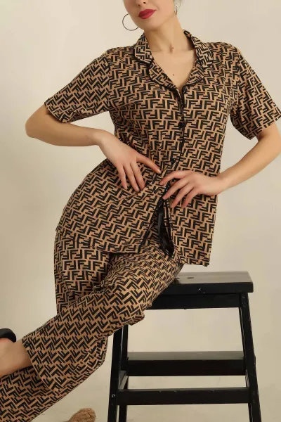 Vizon Düğmeli Desenli Bayan Pijama Takımı 258528