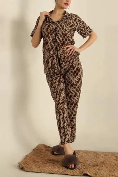 Vizon Düğmeli Desenli Bayan Pijama Takımı 258528