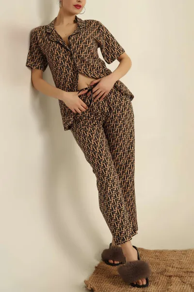 Vizon Düğmeli Desenli Bayan Pijama Takımı 258528