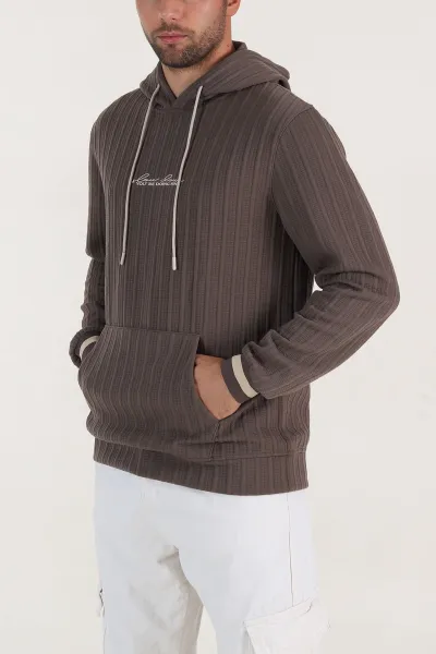 Vizon Fitilli Yazı Detaylı Kapüşonlu Erkek Sweatshirt 396199