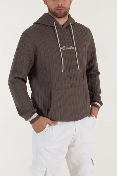 Vizon Fitilli Yazı Detaylı Kapüşonlu Erkek Sweatshirt 396199