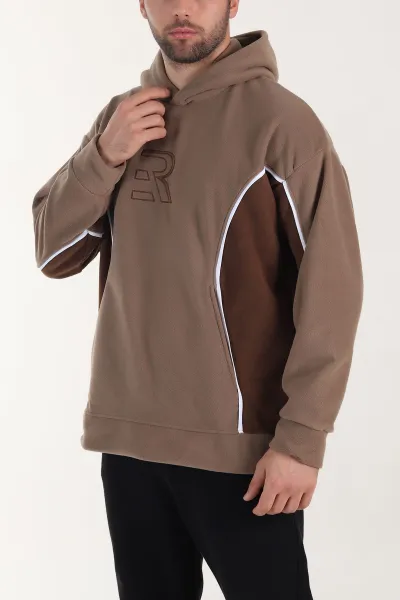 Vizon Kapüşonlu Nakış Detaylı Erkek Sweatshirt 408759