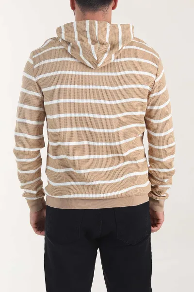 Vizon Kapüşonlu Yazı Detaylı Çizgili Erkek Sweatshirt 407971