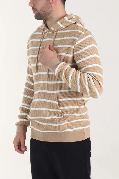 Vizon Kapüşonlu Yazı Detaylı Çizgili Erkek Sweatshirt 407971