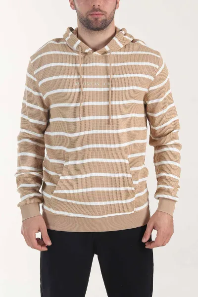Vizon Kapüşonlu Yazı Detaylı Çizgili Erkek Sweatshirt 407971