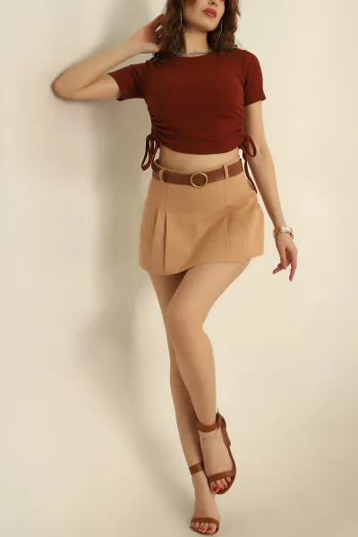 Vizon Kemerli Fileli Gabardin Şort Etek 253511