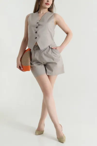 Vizon Keten Yelek Şort Kadın İkili Takım 471254