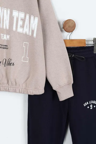 Vizon Lacivert (9-12 Yaş) Brooklyn Team Baskılı Belden Lastikli 3 İp Şardonlu Kız Çocuk Kışlık Takım 405090