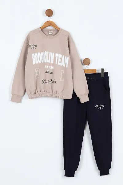 Vizon Lacivert (9-12 Yaş) Brooklyn Team Baskılı Belden Lastikli 3 İp Şardonlu Kız Çocuk Kışlık Takım 405090
