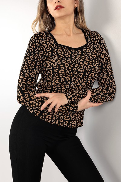 Vizon Leopar Desenli Bayan Triko Kazak 99990