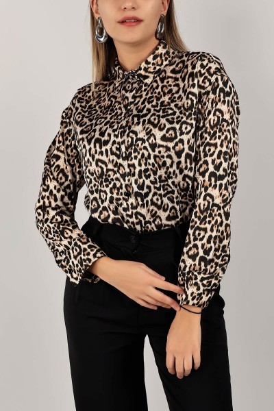 Vizon Leopar Desenli Saten Gömlek 143231