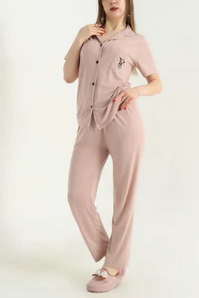 Vizon Nakışlı Düğmeli Viskon Pijama Takımı 338273