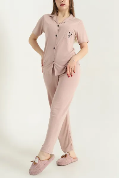 Vizon Nakışlı Düğmeli Viskon Pijama Takımı 338273