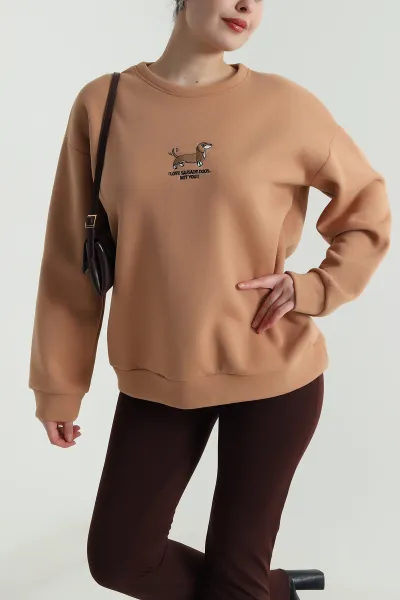 Vizon Nakışlı Şardonlu Kadın Fermuarsız Sweat 498275