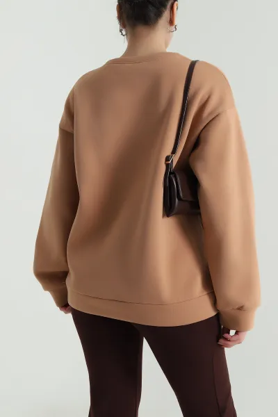 Vizon Nakışlı Şardonlu Kadın Fermuarsız Sweat 498275