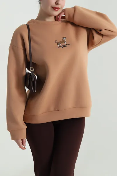 Vizon Nakışlı Şardonlu Kadın Fermuarsız Sweat 498275