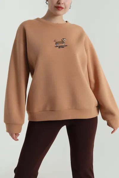 Vizon Nakışlı Şardonlu Kadın Fermuarsız Sweat 498275