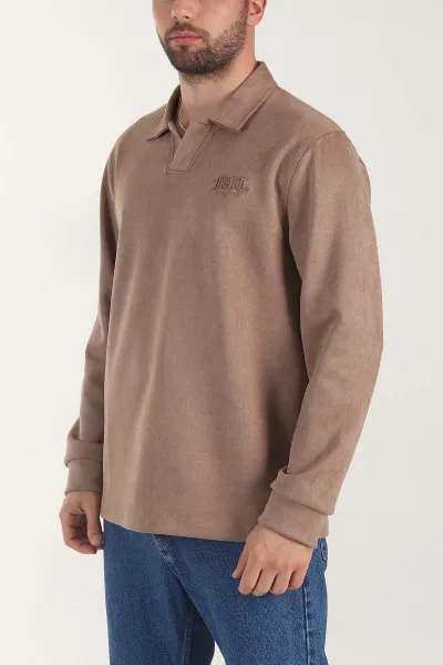 Vizon Polo Yaka Düğmeli Nakış Detaylı Erkek Sweatshirt 404865