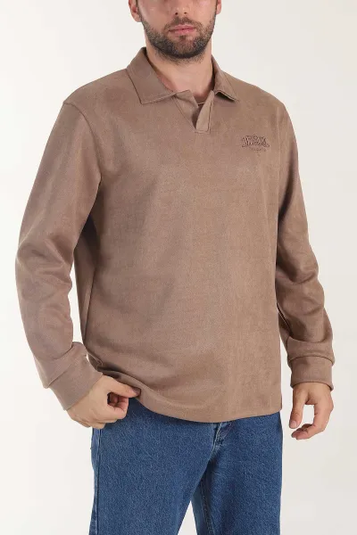 Vizon Polo Yaka Düğmeli Nakış Detaylı Erkek Sweatshirt 404865