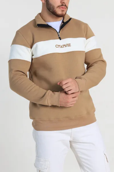Vizon Regular Fit Üç İp Şardonlu Yazı Detay Yarım Fermuarlı Erkek Sweatshirt 308895