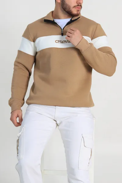 Vizon Regular Fit Üç İp Şardonlu Yazı Detay Yarım Fermuarlı Erkek Sweatshirt 308895