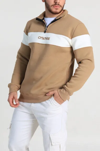 Vizon Regular Fit Üç İp Şardonlu Yazı Detay Yarım Fermuarlı Erkek Sweatshirt 308895