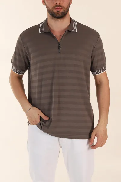 Vizon Relaxed Fit Çizgi Dokulu Fermuarlı Polo Yaka Basic Erkek Tİşört 370233