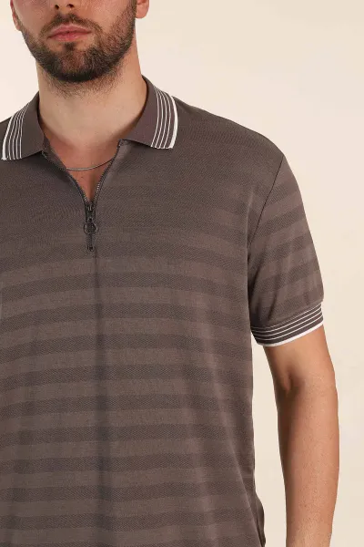 Vizon Relaxed Fit Çizgi Dokulu Fermuarlı Polo Yaka Basic Erkek Tİşört 370233