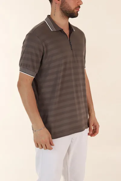 Vizon Relaxed Fit Çizgi Dokulu Fermuarlı Polo Yaka Basic Erkek Tİşört 370233