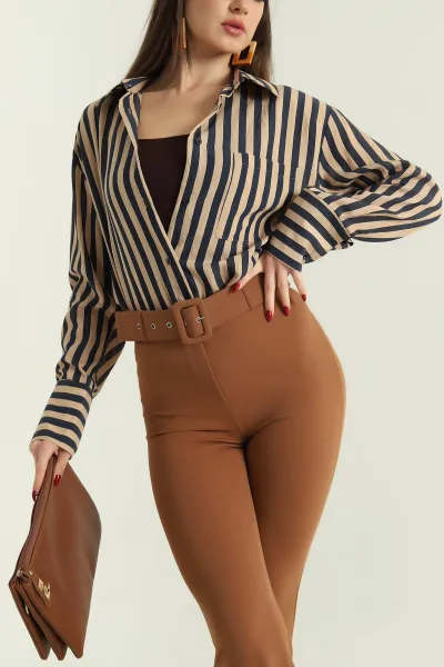 Vizon Saten Dokuma Geçişli Oversize Gömlek 334918
