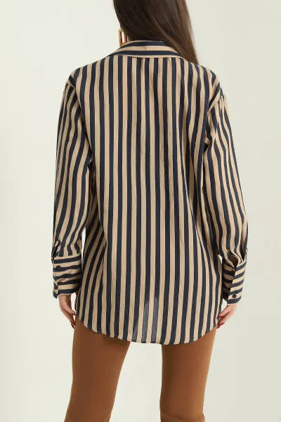 Vizon Saten Dokuma Geçişli Oversize Gömlek 334918