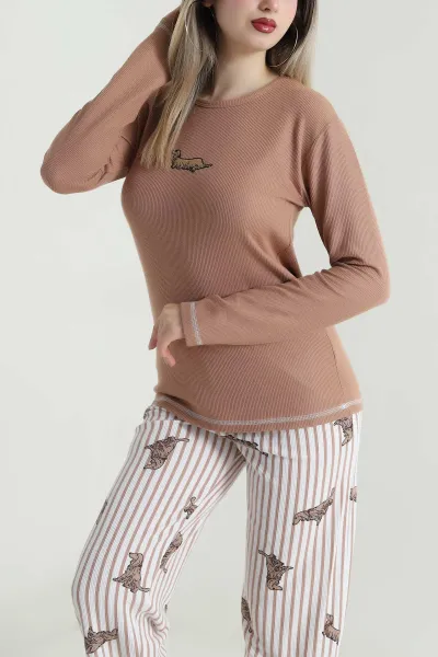 Vizon Sıfır Yaka Waffele Kadın Pijama Takımı 488902
