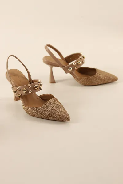 Vizon Sivri Burun Hasır Örgü Tasarımlı Bant Detaylı Kadın Topuklu Ayakkabı 341903