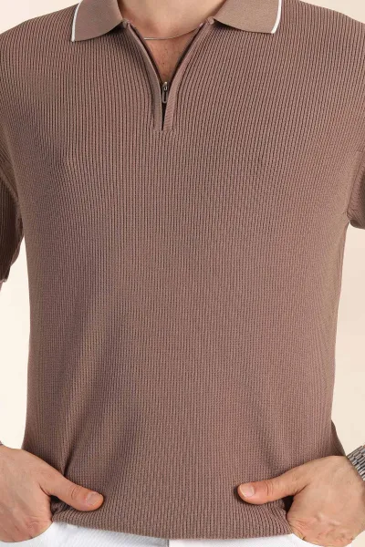 Vizon Slim Fit Dokulu Fermuarlı Polo Yaka Kısa Kollu Erkek Triko Tişört 338619