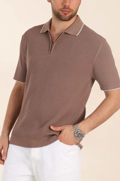 Vizon Slim Fit Dokulu Fermuarlı Polo Yaka Kısa Kollu Erkek Triko Tişört 338619