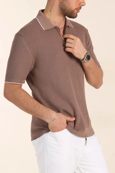 Vizon Slim Fit Dokulu Fermuarlı Polo Yaka Kısa Kollu Erkek Triko Tişört 338619