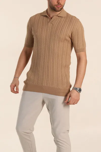 Vizon Slim Fit Örgü Desenli Polo Yaka Kısa Kollu Erkek Triko Tişört 338934