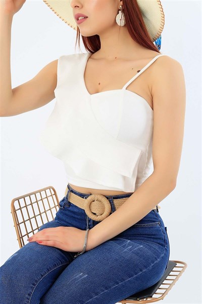 Volanlı Askılı Beyaz Bluz 32604