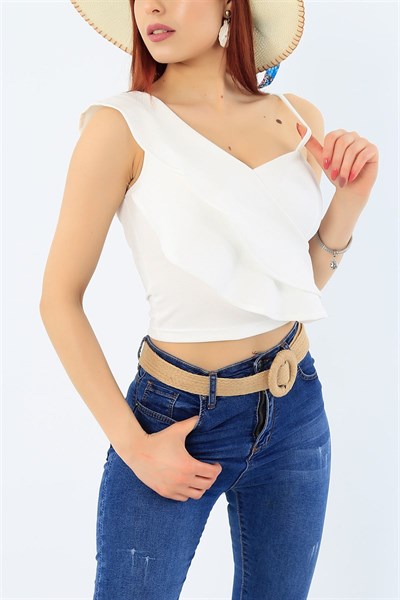 Volanlı Askılı Beyaz Bluz 32604