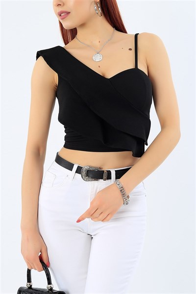 Volanlı Askılı Siyah Bluz 32603