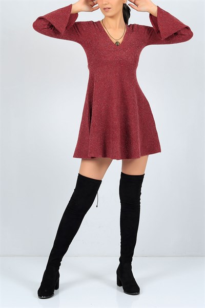 Volanlı Kol Bordo Triko Elbise 23153B