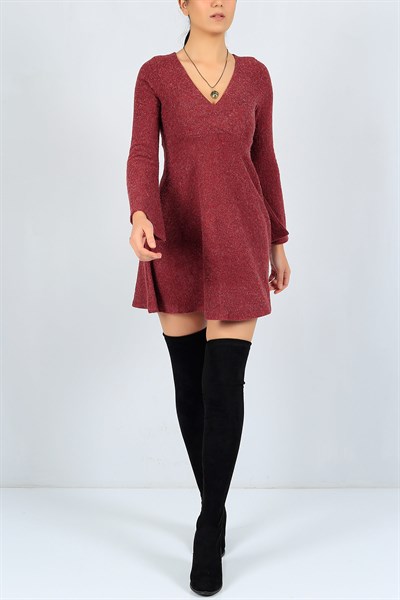 Volanlı Kol Bordo Triko Elbise 23153B