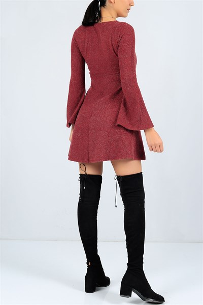 Volanlı Kol Bordo Triko Elbise 23153B