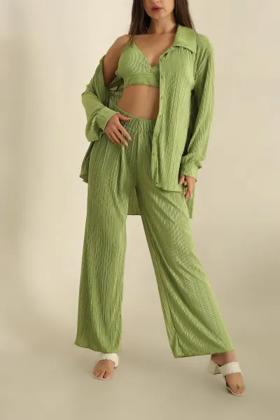 Yağ Yeşili Akordiyon Pantolon Gömlek Crop Üçlü Takım 261282