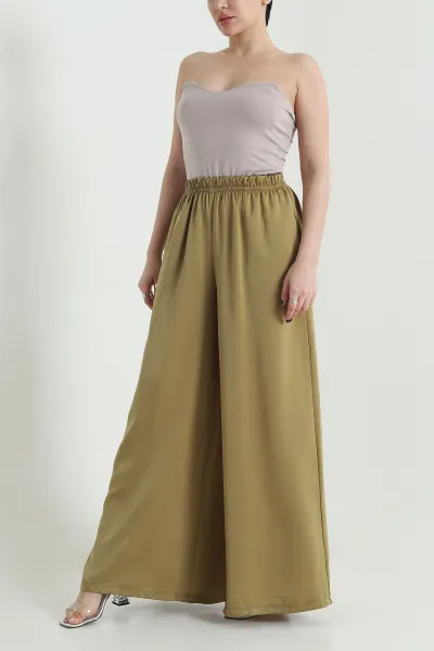 Yağ Yeşili Bel Lastikli Bol Paça Saten Kadın Pantolon 455996