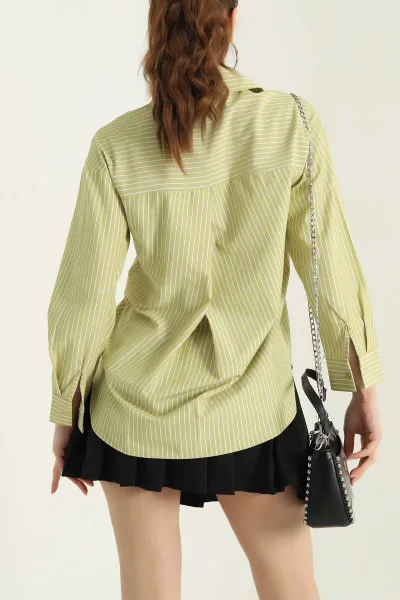 Yağ Yeşili Çizgili Oversize Poplin Kumaş Gömlek 336465