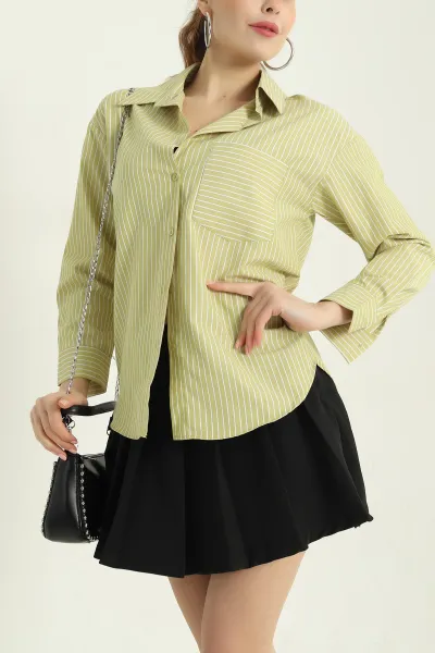 Yağ Yeşili Çizgili Oversize Poplin Kumaş Gömlek 336465