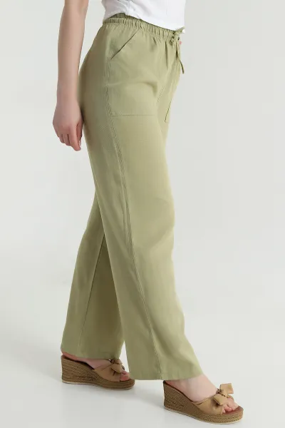 Yağ Yeşili Dimi kumaş Beli Lastikli Kadın Pantolon 470563